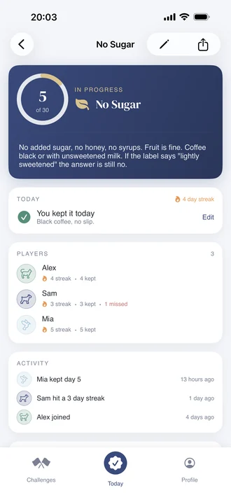 Challenge detail showing friends, streaks, and recent activity