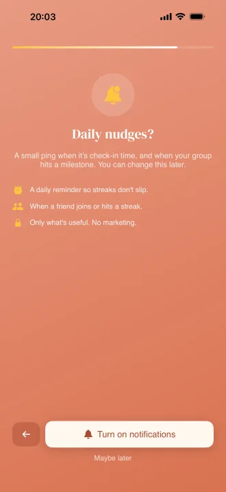 Optional daily nudges for check-in time and milestones