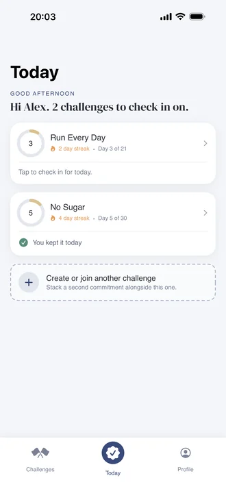 DoYourBestie Today screen with two active challenges and streaks